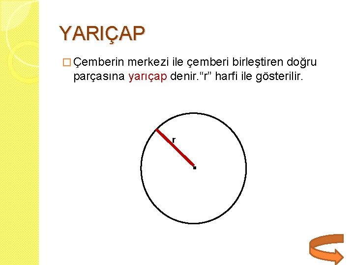 YARIÇAP � Çemberin merkezi ile çemberi birleştiren doğru parçasına yarıçap denir. “r” harfi ile