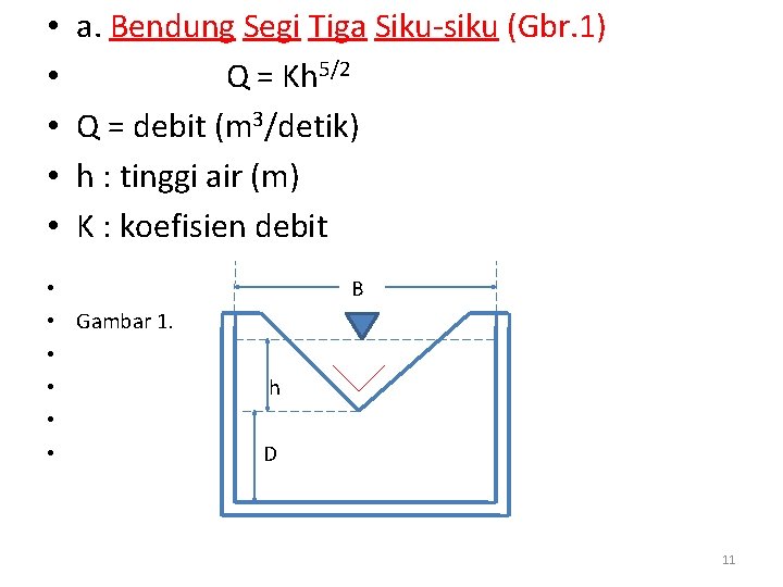  • • • a. Bendung Segi Tiga Siku-siku (Gbr. 1) Q = Kh