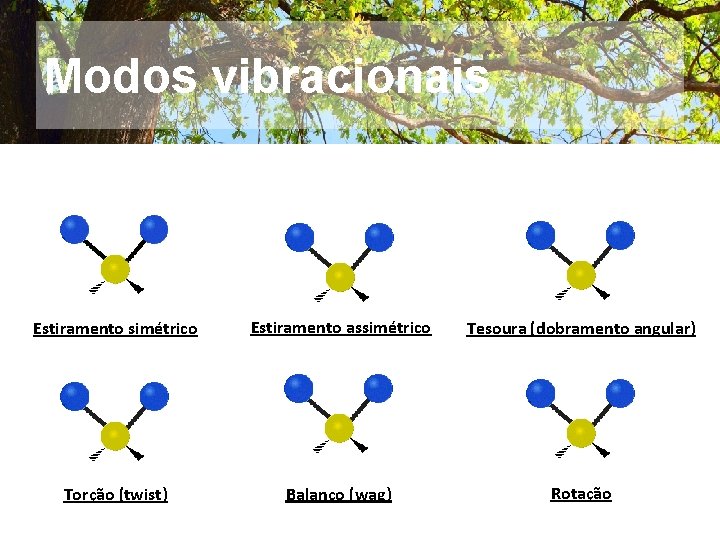 Modos vibracionais Estiramento simétrico Estiramento assimétrico Tesoura (dobramento angular) Torção (twist) Balanço (wag) Rotação