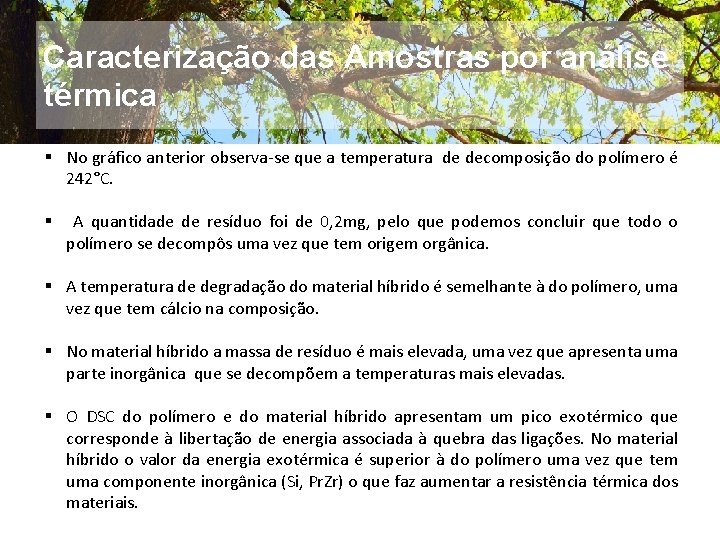 Caracterização das Amostras por análise térmica § No gráfico anterior observa-se que a temperatura