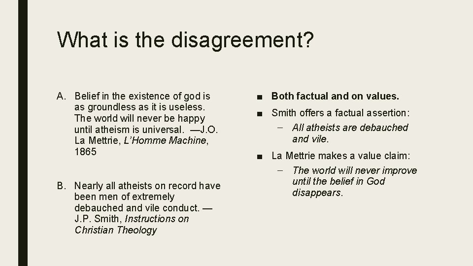 What is the disagreement? A. Belief in the existence of god is as groundless