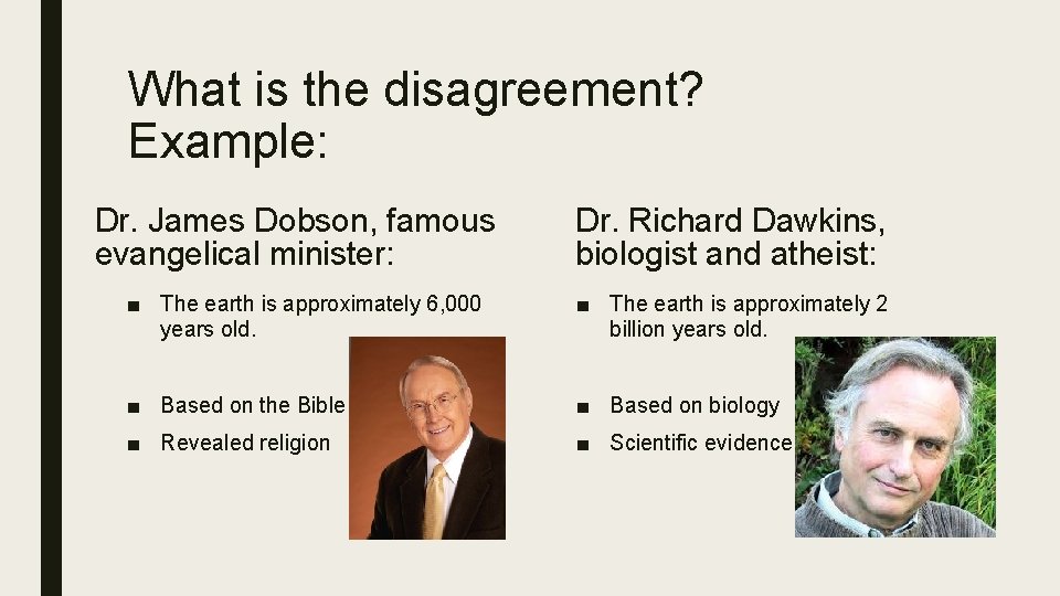 What is the disagreement? Example: Dr. James Dobson, famous evangelical minister: Dr. Richard Dawkins,