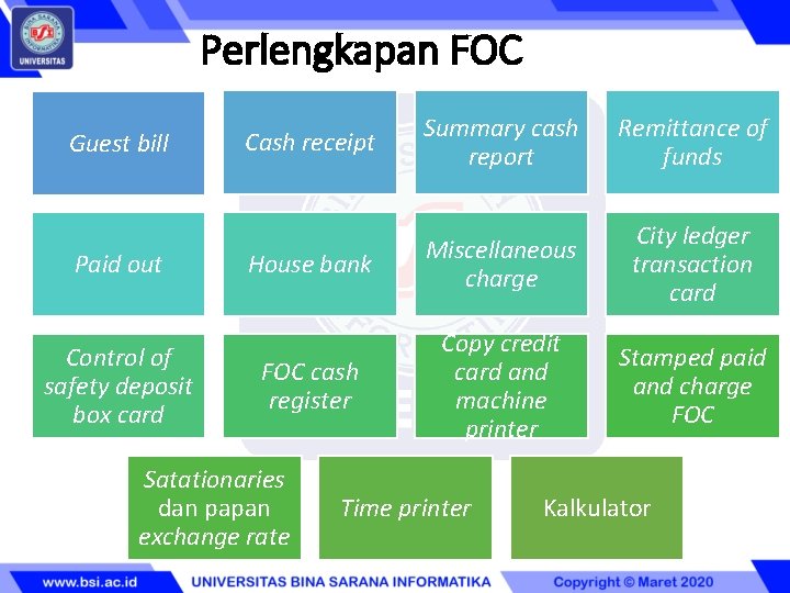 Perlengkapan FOC Guest bill Paid out Control of safety deposit box card Cash receipt