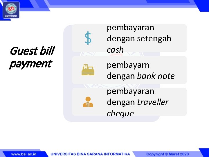 Guest bill payment pembayaran dengan setengah cash pembayarn dengan bank note pembayaran dengan traveller