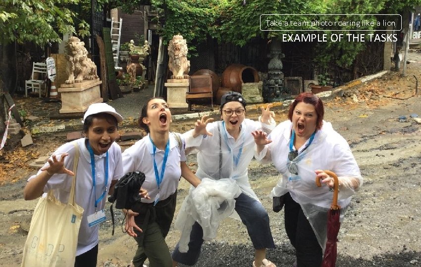 Take a team photo roaring like a lion EXAMPLE OF THE TASKS 