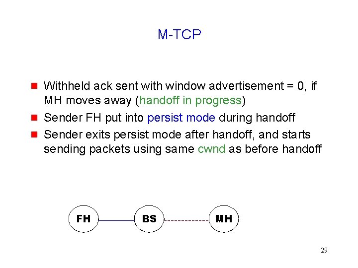M-TCP g g g Withheld ack sent with window advertisement = 0, if MH