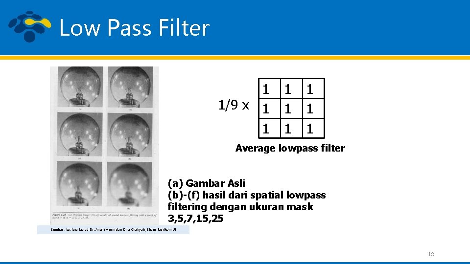 Low Pass Filter 1 1/9 x 1 1 1 1 Average lowpass filter (a)