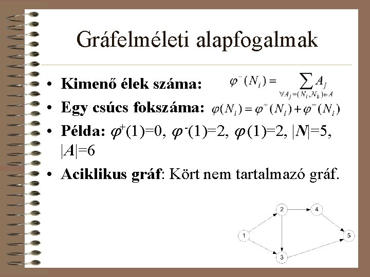 Gráfelméleti alapfogalmak • Kimenő élek száma: • Egy csúcs fokszáma: • Példa: j+(1)=0, j