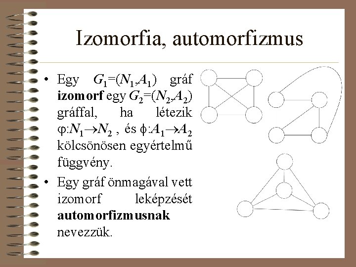 Izomorfia, automorfizmus • Egy G 1=(N 1, A 1) gráf izomorf egy G 2=(N