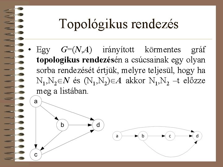 Topológikus rendezés • Egy G=(N, A) irányított körmentes gráf topologikus rendezésén a csúcsainak egy