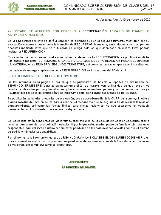 ESCUELA SECUNDARIA TECNICA INDUSTRIAL No. 26 COMUNICADO SOBRE SUSPENSIÓN DE CLASES DEL 17 DE