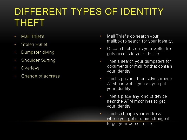 DIFFERENT TYPES OF IDENTITY THEFT • Mail Thief's • Stolen wallet • Dumpster diving