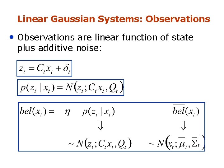 Linear Gaussian Systems: Observations • Observations are linear function of state plus additive noise: