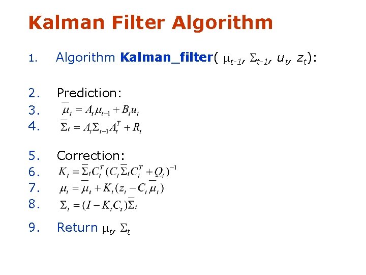 Kalman Filter Algorithm 1. Algorithm Kalman_filter( mt-1, St-1, ut, zt): 2. 3. 4. Prediction: