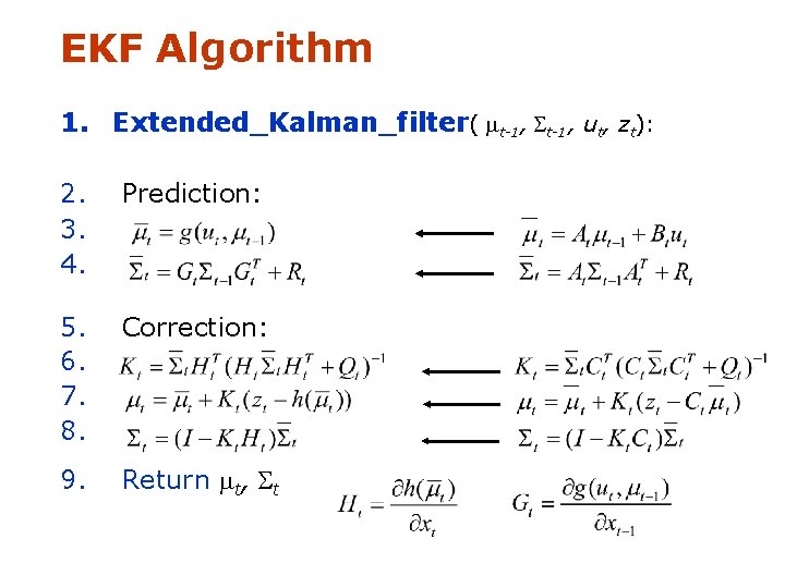 EKF Algorithm 1. Extended_Kalman_filter( mt-1, St-1, ut, zt): 2. 3. 4. Prediction: 5. 6.