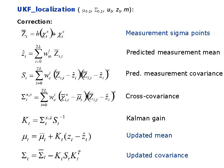 UKF_localization ( mt-1, St-1, ut, zt, m): Correction: Measurement sigma points Predicted measurement mean
