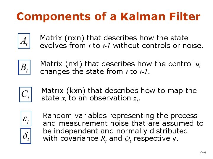 Components of a Kalman Filter Matrix (nxn) that describes how the state evolves from