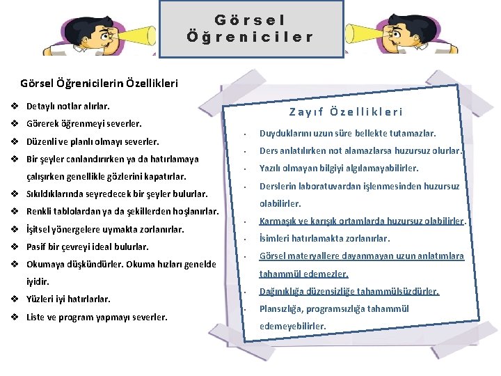 Görsel Öğrenicilerin Özellikleri v Detaylı notlar alırlar. Zayıf Özellikleri v Görerek öğrenmeyi severler. v