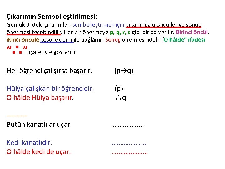 Çıkarımın Sembolleştirilmesi: Günlük dildeki çıkarımları sembolleştirmek için çıkarımdaki öncüller ve sonuç önermesi tespit edilir.