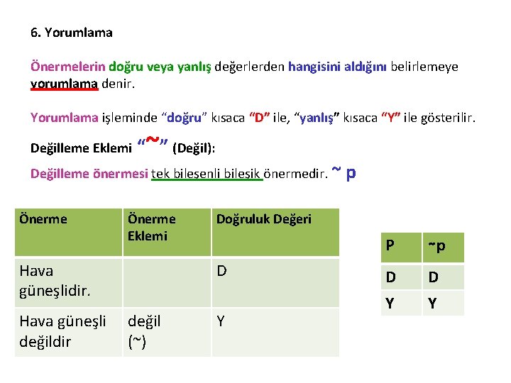 6. Yorumlama Önermelerin doğru veya yanlış değerlerden hangisini aldığını belirlemeye yorumlama denir. Yorumlama işleminde