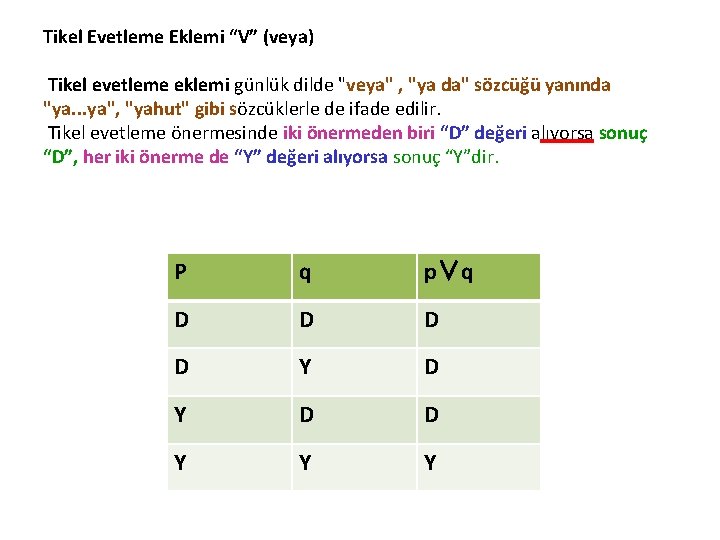 Tikel Evetleme Eklemi “V” (veya) Tikel evetleme eklemi günlük dilde "veya" , "ya da"