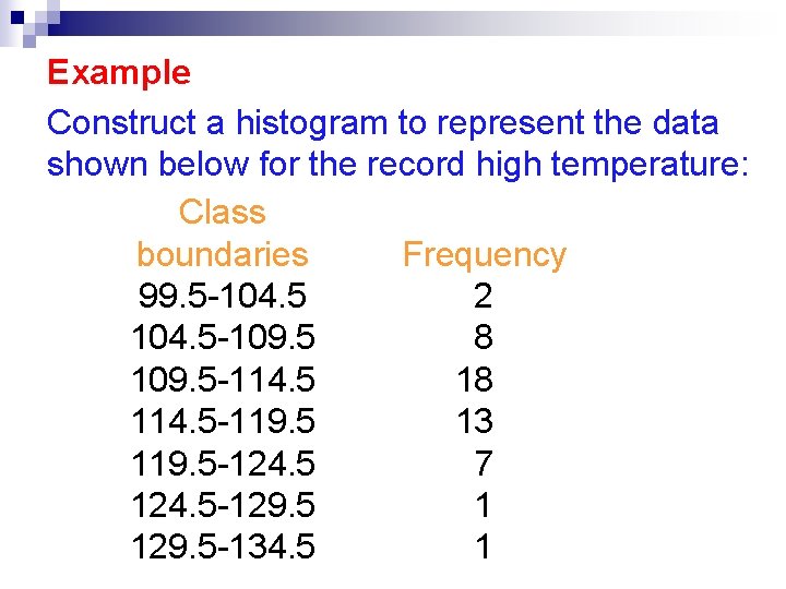 Example Construct a histogram to represent the data shown below for the record high