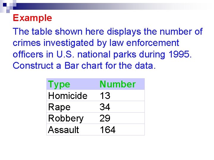 Example The table shown here displays the number of crimes investigated by law enforcement