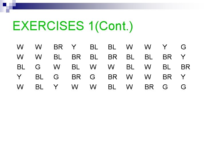 EXERCISES 1(Cont. ) W W BL Y W W W G BL BL BR