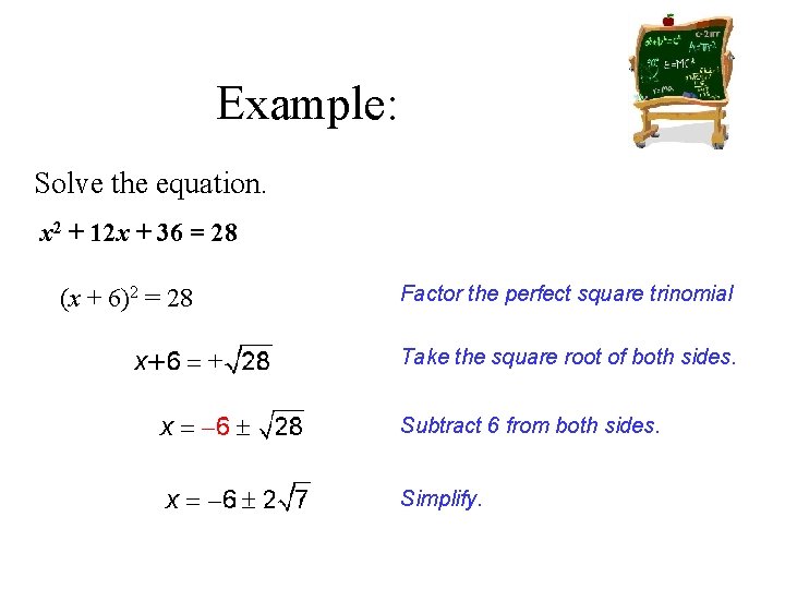 Example: Solve the equation. x 2 + 12 x + 36 = 28 (x