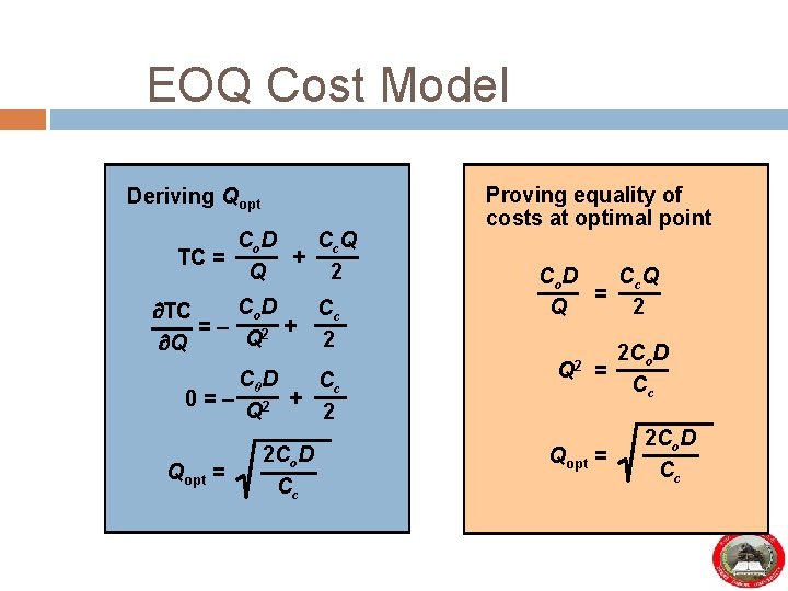 EOQ Cost Model Deriving Qopt Co D Cc Q TC = + Q 2