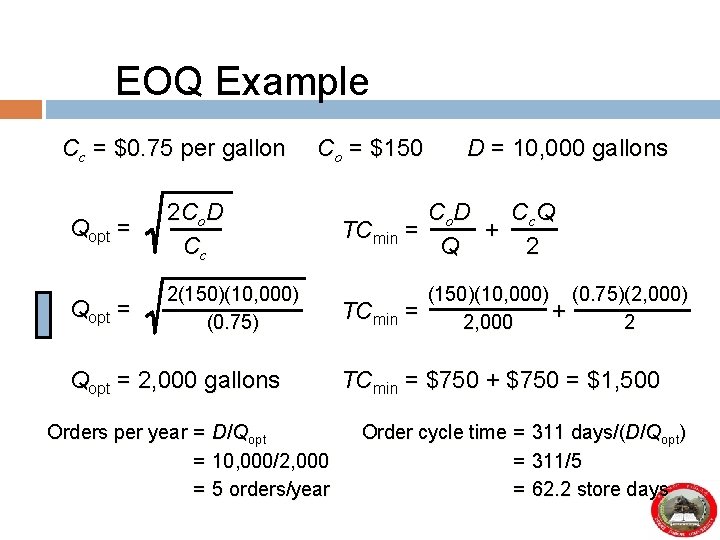 EOQ Example Cc = $0. 75 per gallon Qopt = 2 Co. D Cc