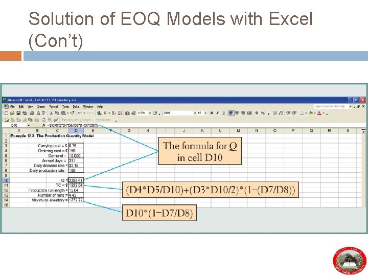 Solution of EOQ Models with Excel (Con’t) 