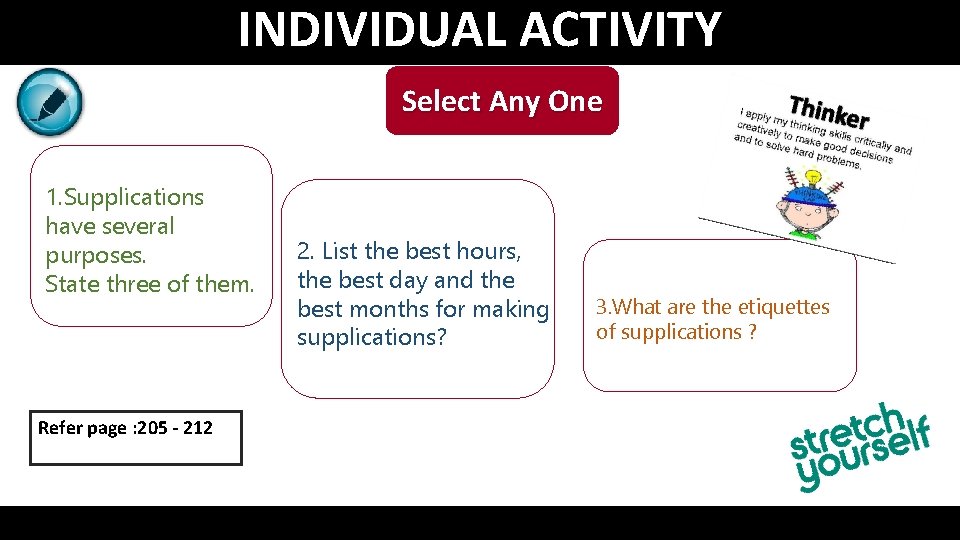 INDIVIDUAL ACTIVITY Select Any One 1. Supplications have several purposes. State three of them.