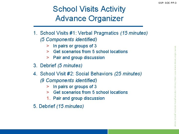 SSP: SOC PP-3 School Visits Activity Advance Organizer 1. School Visits #1: Verbal Pragmatics