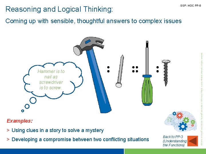 Reasoning and Logical Thinking: SSP: HOC PP-8 Coming up with sensible, thoughtful answers to