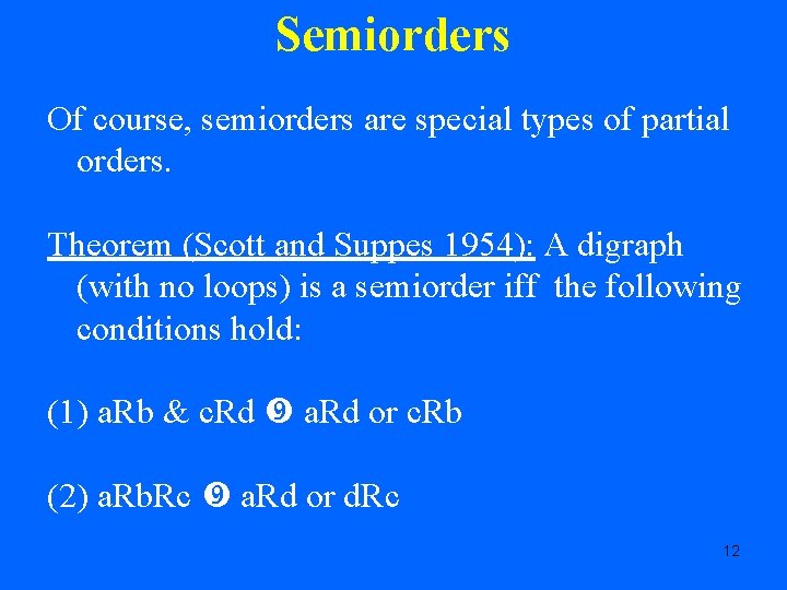 Semiorders Of course, semiorders are special types of partial orders. Theorem (Scott and Suppes