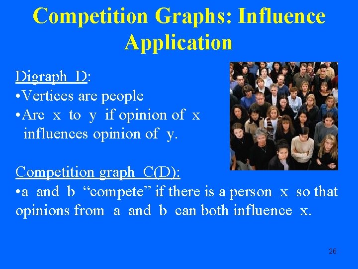 Competition Graphs: Influence Application Digraph D: • Vertices are people • Arc x to