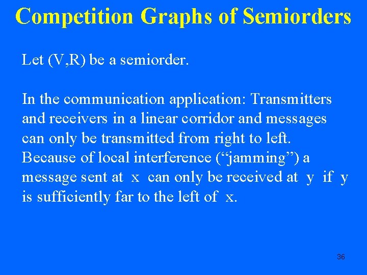 Competition Graphs of Semiorders Let (V, R) be a semiorder. In the communication application: