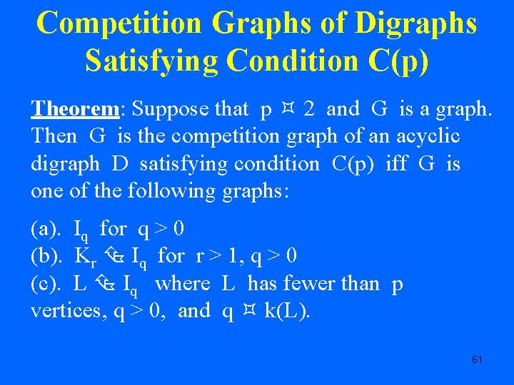 Competition Graphs of Digraphs Satisfying Condition C(p) Theorem: Suppose that p 2 and G