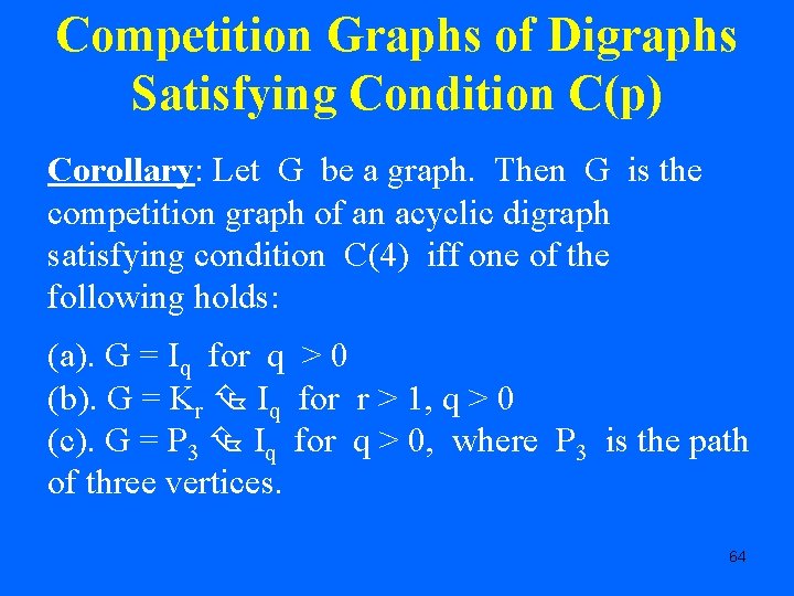 Competition Graphs of Digraphs Satisfying Condition C(p) Corollary: Let G be a graph. Then