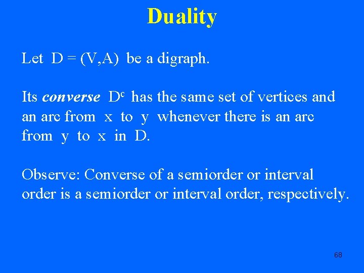 Duality Let D = (V, A) be a digraph. Its converse Dc has the