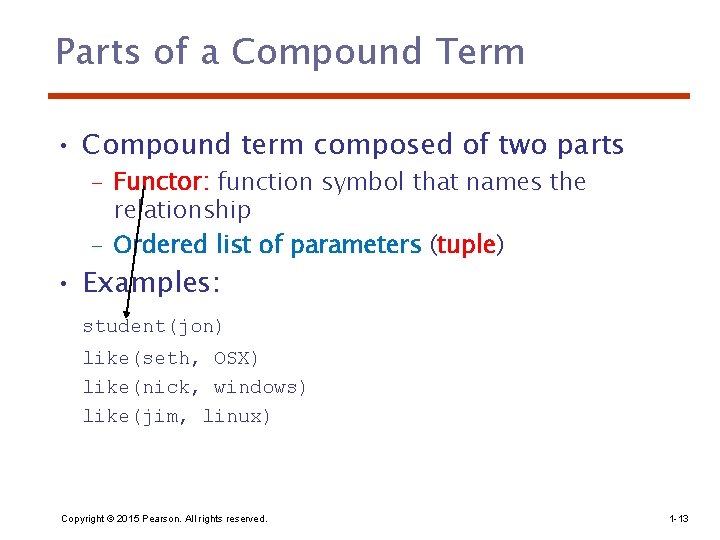 Parts of a Compound Term • Compound term composed of two parts – Functor: