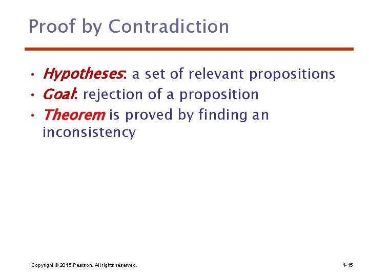 Proof by Contradiction • Hypotheses: a set of relevant propositions • Goal: rejection of