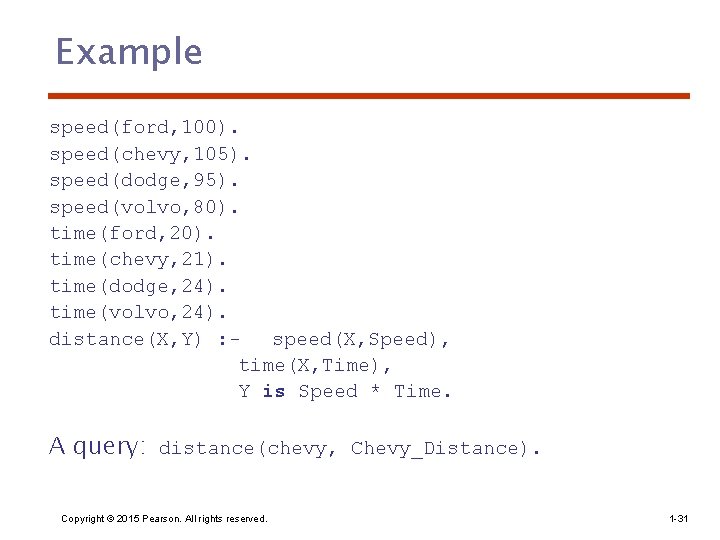 Example speed(ford, 100). speed(chevy, 105). speed(dodge, 95). speed(volvo, 80). time(ford, 20). time(chevy, 21). time(dodge,