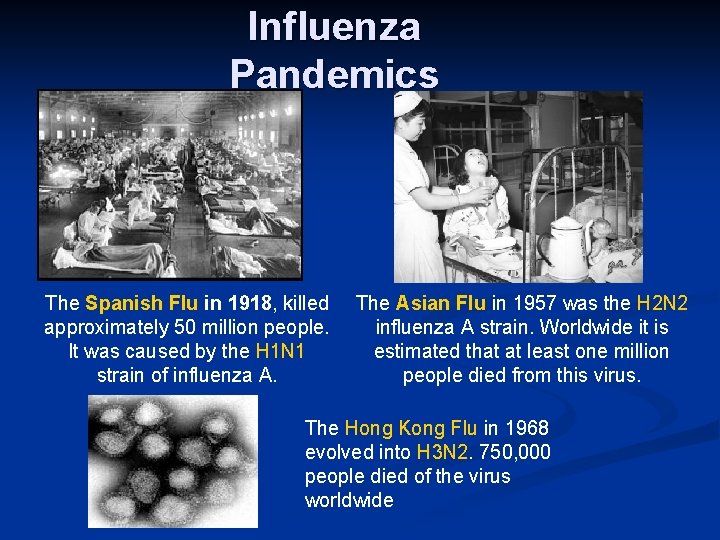 Influenza Pandemics The Spanish Flu in 1918, killed approximately 50 million people. It was