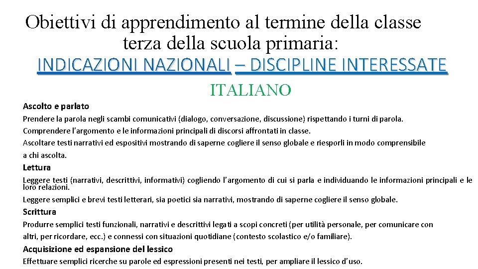 Obiettivi di apprendimento al termine della classe terza della scuola primaria: INDICAZIONI NAZIONALI –