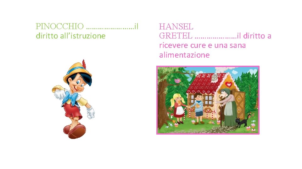 PINOCCHIO …………il diritto all’istruzione HANSEL GRETEL …………………il diritto a ricevere cure e una sana PINOCCHIO …………il diritto all’istruzione HANSEL GRETEL …………………il diritto a ricevere cure e una sana