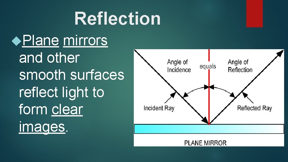 Reflection Plane mirrors and other smooth surfaces reflect light to form clear images. 