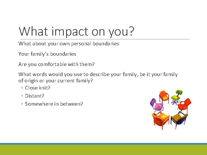 What impact on you? What about your own personal boundaries Your family’s boundaries Are