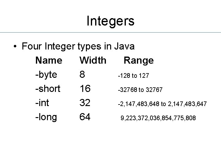 Integers • Four Integer types in Java Name Width Range -byte 8 -128 to